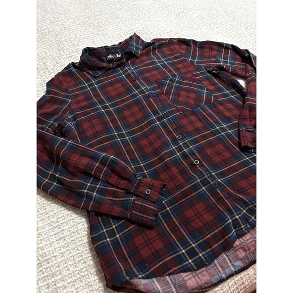 Polly&Esther Plaid Button Down Shirt L Red Blue Soft Rayon Grunge Y2K Cabincore - Picture 3 of 7